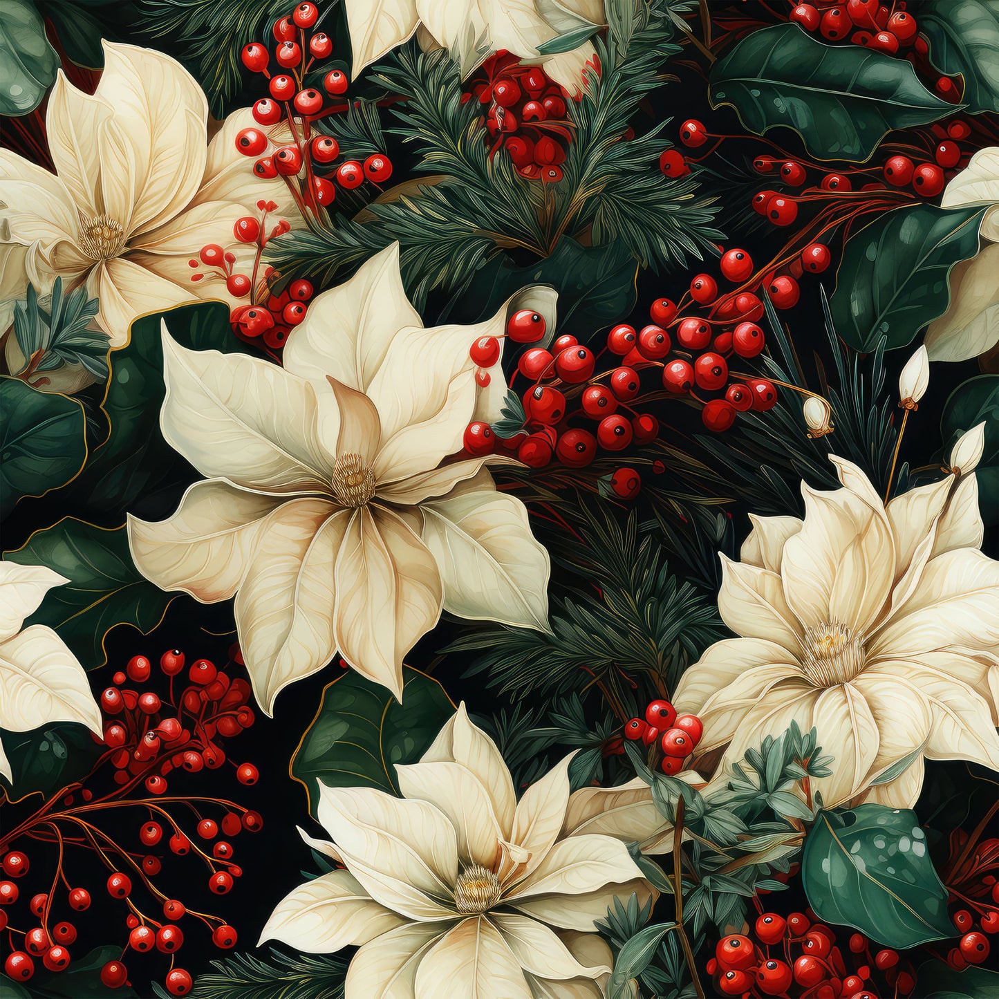 christmas florals, holiday flowers, red berries, cream flowers, ivory blooms, dark green leaves, pine needles, evergreen branches, holly leaves, winter botanicals, festive pattern, seasonal motif, quilting cotton, fabric panel, floral design, holiday crafting, christmas sewing, botanical illustration, winter blooms, holiday greenery