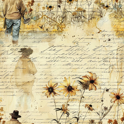 cream, beige, golden yellow, brown, farm workers, sunflowers, vintage style, script writing, handwritten text, rural scenes, cotton fabric, quilting panel, aged appearance, weathered look, botanical elements, country life, pastoral theme, sepia tones, distressed texture, farming motifs