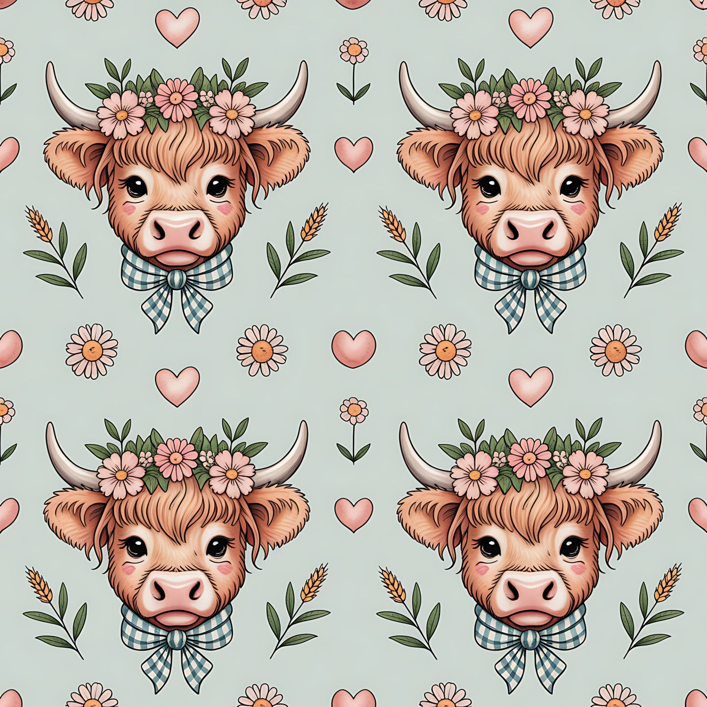 Highland Cow Heads Pattern 9 Quilting Cotton Fabric
