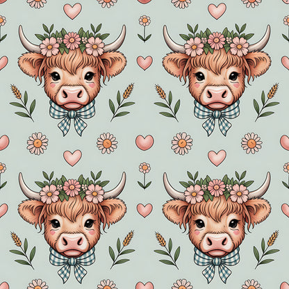 Highland Cow Heads Pattern 9 Quilting Cotton Fabric