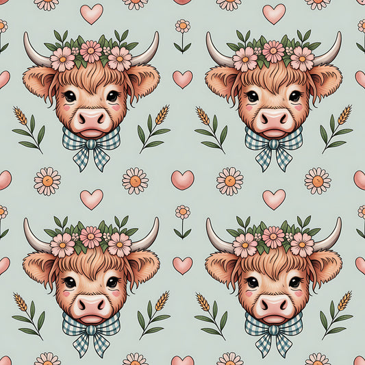 Highland Cow Heads Pattern 9 Quilting Cotton Fabric