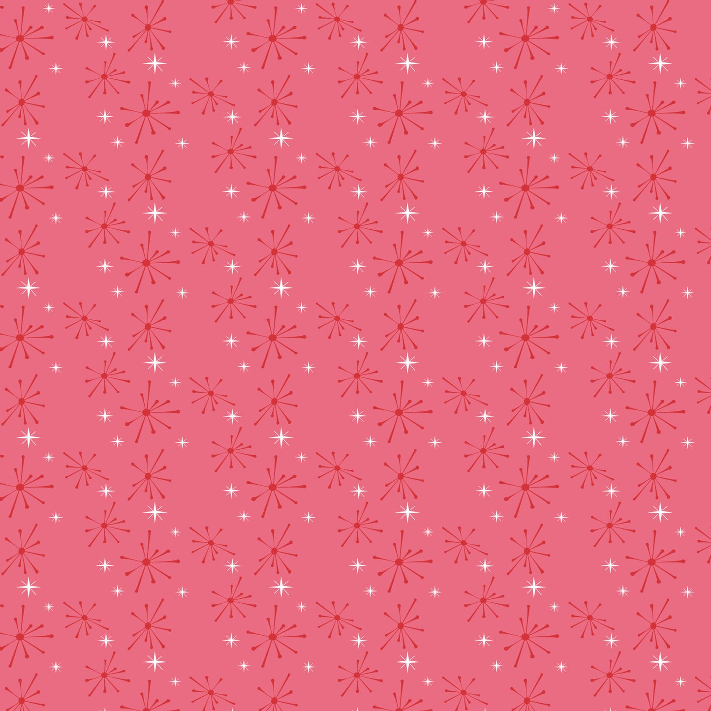 coral pink, salmon pink, white, starburst pattern, atomic design, mid-century modern, retro style, geometric shapes, radiating lines, sparkle motif, 1950s aesthetic, vintage inspired, quilting cotton, fabric panel, repetitive pattern, nostalgic feel, diner theme, starlike designs, coordinating colors, crafting material