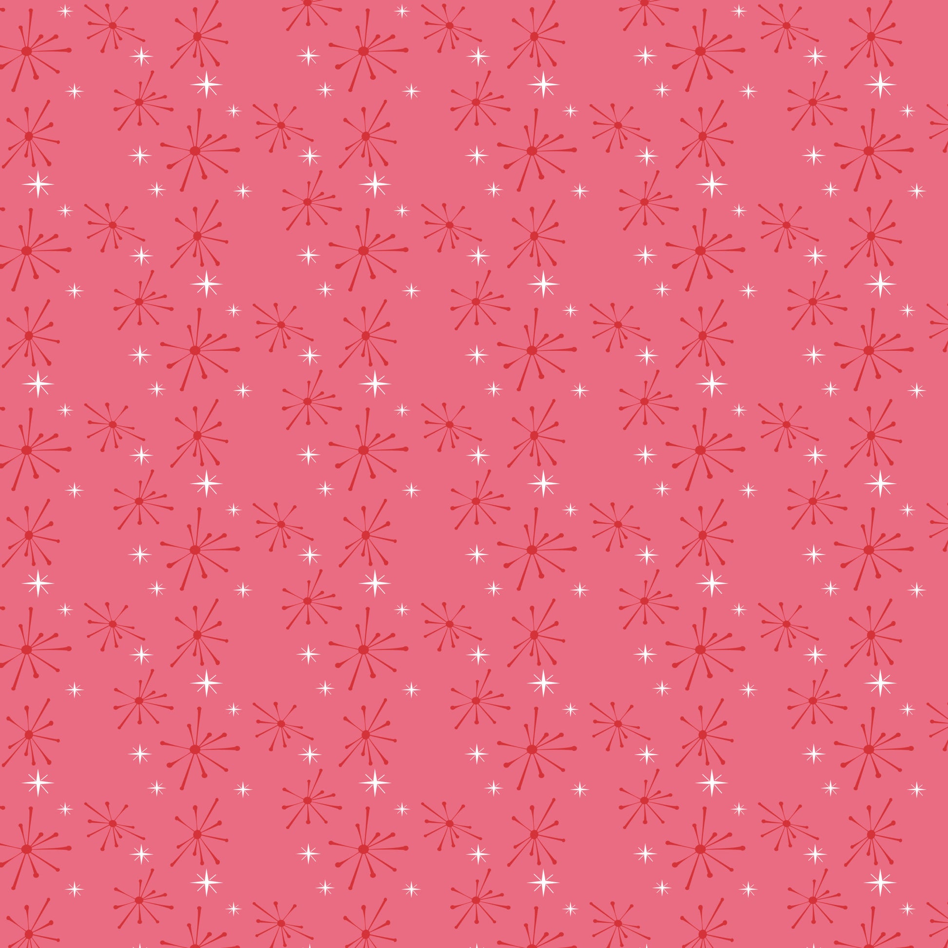 coral pink, salmon pink, white, starburst pattern, atomic design, mid-century modern, retro style, geometric shapes, radiating lines, sparkle motif, 1950s aesthetic, vintage inspired, quilting cotton, fabric panel, repetitive pattern, nostalgic feel, diner theme, starlike designs, coordinating colors, crafting material