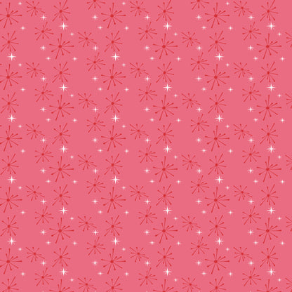 coral pink, salmon pink, white, starburst pattern, atomic design, mid-century modern, retro style, geometric shapes, radiating lines, sparkle motif, 1950s aesthetic, vintage inspired, quilting cotton, fabric panel, repetitive pattern, nostalgic feel, diner theme, starlike designs, coordinating colors, crafting material