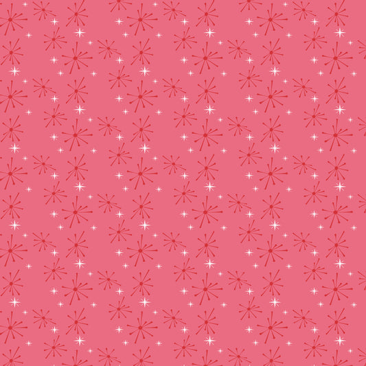 coral pink, salmon pink, white, starburst pattern, atomic design, mid-century modern, retro style, geometric shapes, radiating lines, sparkle motif, 1950s aesthetic, vintage inspired, quilting cotton, fabric panel, repetitive pattern, nostalgic feel, diner theme, starlike designs, coordinating colors, crafting material
