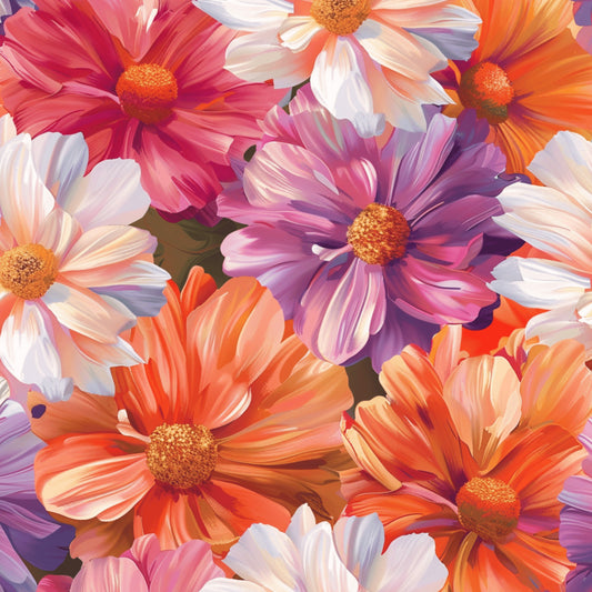 realistic flowers, daisy blooms, coral petals, purple flowers, orange blossoms, pink petals, white daisies, yellow centers, floral pattern, botanical design, overlapping flowers, vibrant colors, quilting cotton, fabric panel, spring flowers, garden blooms, colorful petals, flower patch, nature motif, bright florals