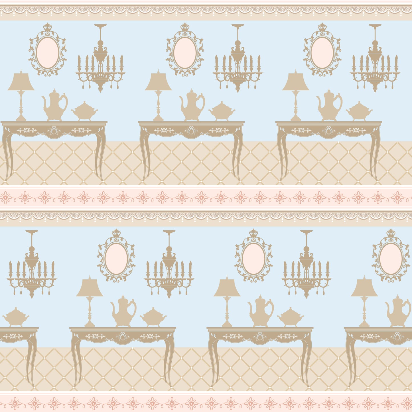 pink, beige, blue, tea party, vintage furniture, ornate mirrors, chandeliers, teapots, table lamps, decorative tables, floral border, quilting cotton, fabric panel, elegant pattern, antique style, victorian decor, repeating motif, soft pastels, ornamental design, fancy furnishings