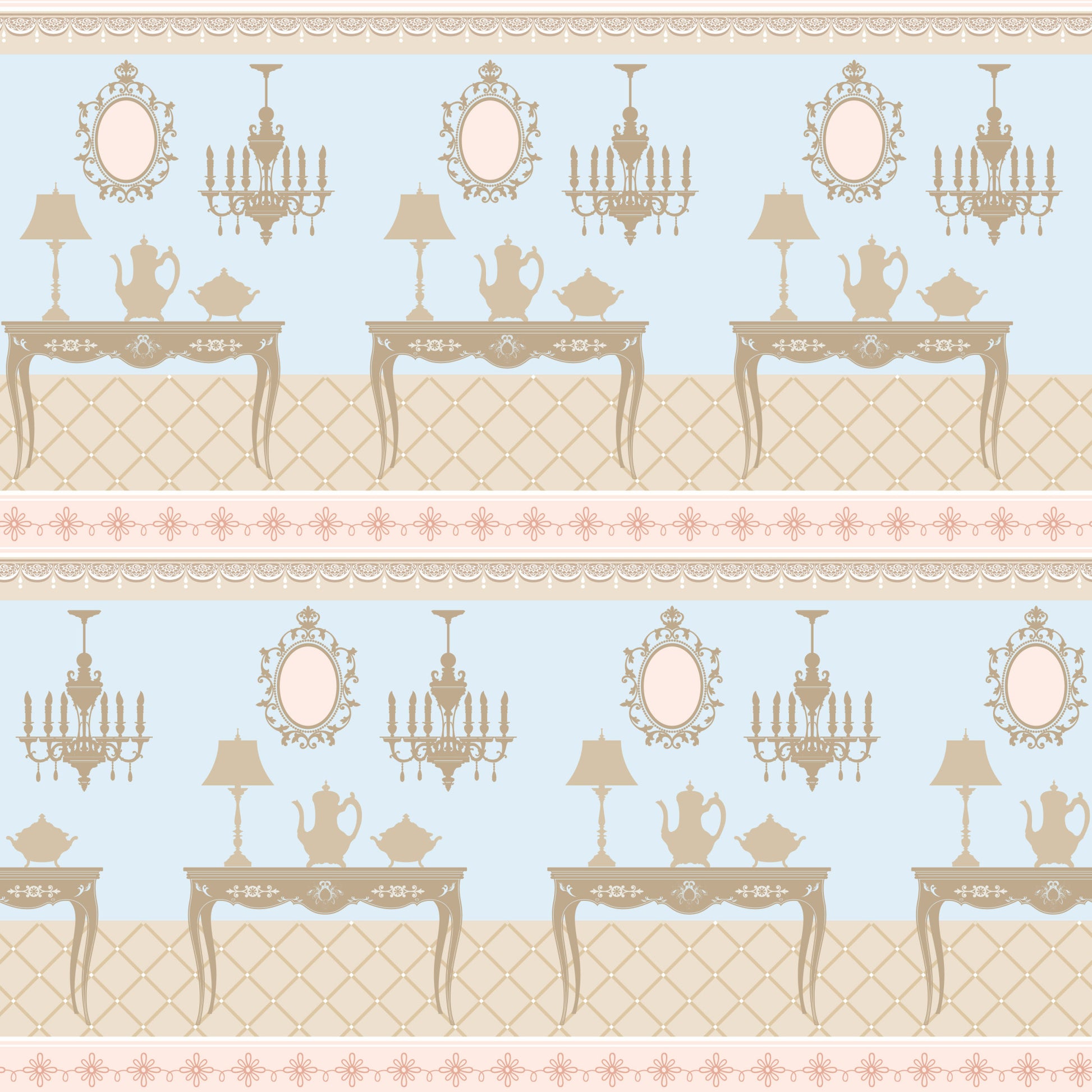pink, beige, blue, tea party, vintage furniture, ornate mirrors, chandeliers, teapots, table lamps, decorative tables, floral border, quilting cotton, fabric panel, elegant pattern, antique style, victorian decor, repeating motif, soft pastels, ornamental design, fancy furnishings