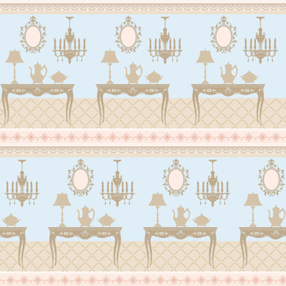 pink, beige, blue, tea party, vintage furniture, ornate mirrors, chandeliers, teapots, table lamps, decorative tables, floral border, quilting cotton, fabric panel, elegant pattern, antique style, victorian decor, repeating motif, soft pastels, ornamental design, fancy furnishings