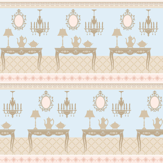 pink, beige, blue, tea party, vintage furniture, ornate mirrors, chandeliers, teapots, table lamps, decorative tables, floral border, quilting cotton, fabric panel, elegant pattern, antique style, victorian decor, repeating motif, soft pastels, ornamental design, fancy furnishings