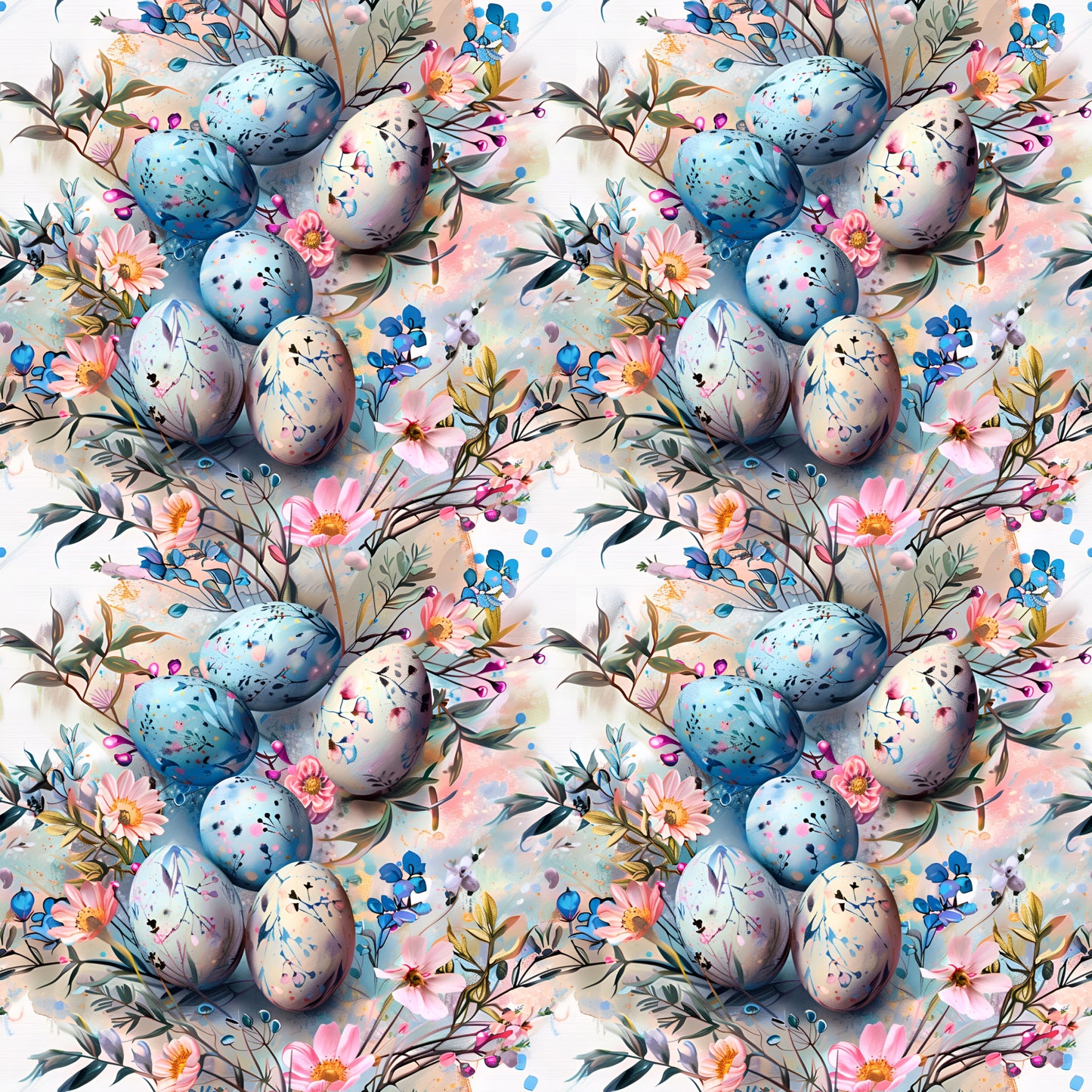 easter eggs, boho style, floral pattern, spring flowers, watercolor style, pastel colors, blue eggs, pink flowers, botanical elements, repeating pattern, quilting cotton, fabric panel, delicate florals, speckled eggs, nature motifs, soft pastels, seamless design, whimsical style, easter theme, artistic eggs