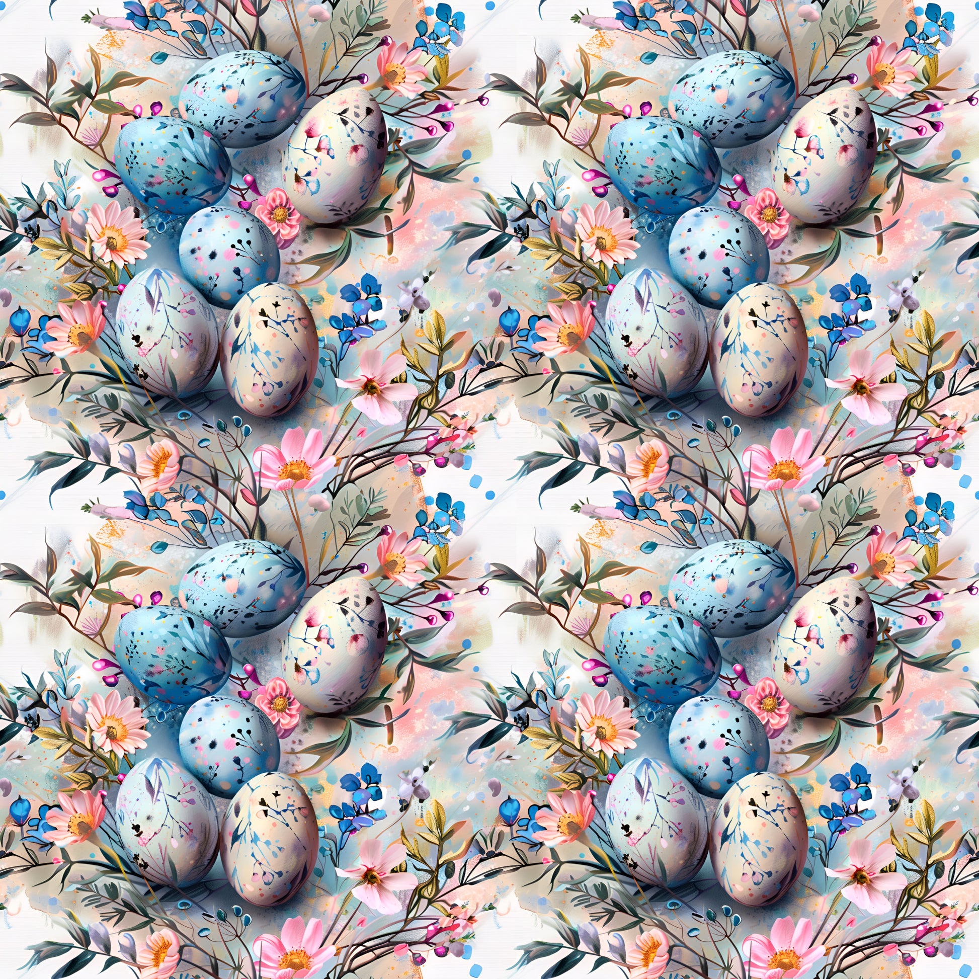 easter eggs, boho style, floral pattern, spring flowers, watercolor style, pastel colors, blue eggs, pink flowers, botanical elements, repeating pattern, quilting cotton, fabric panel, delicate florals, speckled eggs, nature motifs, soft pastels, seamless design, whimsical style, easter theme, artistic eggs