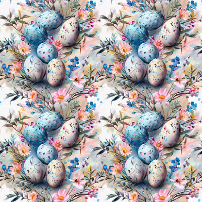 easter eggs, boho style, floral pattern, spring flowers, watercolor style, pastel colors, blue eggs, pink flowers, botanical elements, repeating pattern, quilting cotton, fabric panel, delicate florals, speckled eggs, nature motifs, soft pastels, seamless design, whimsical style, easter theme, artistic eggs
