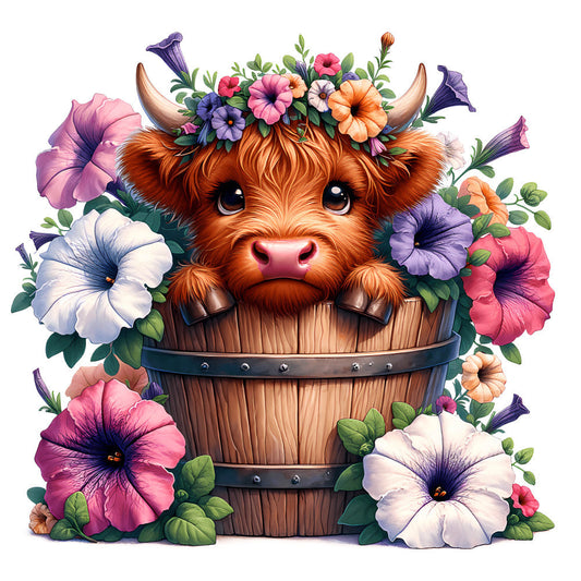 Cute Highland Cows in Buckets Fabric Panel 2