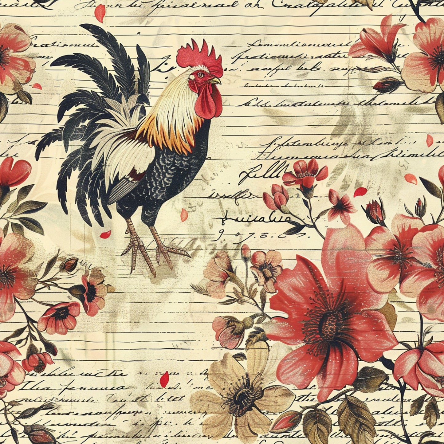 rooster, red flowers, cream background, vintage style, farm animals, floral motifs, coral blooms, black tail feathers, script writing, quilting cotton, fabric panel, country theme, botanical elements, rustic design, beige tones, farmhouse style, chicken illustration, watercolor effect, agricultural motif, pastoral scene