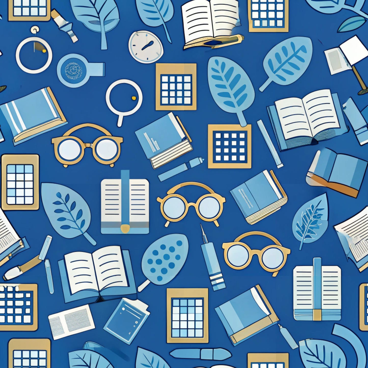 navy blue, royal blue, white, gold accents, books, eyeglasses, magnifying glass, leaves, botanical elements, school supplies, educational theme, scattered pattern, flat design, illustration style, quilting cotton, fabric panel, back to school, academic motifs, reading theme, geometric elements
