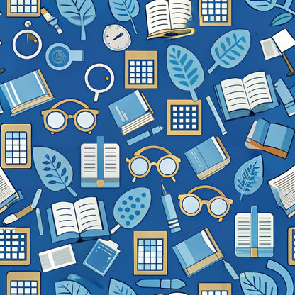 navy blue, royal blue, white, gold accents, books, eyeglasses, magnifying glass, leaves, botanical elements, school supplies, educational theme, scattered pattern, flat design, illustration style, quilting cotton, fabric panel, back to school, academic motifs, reading theme, geometric elements