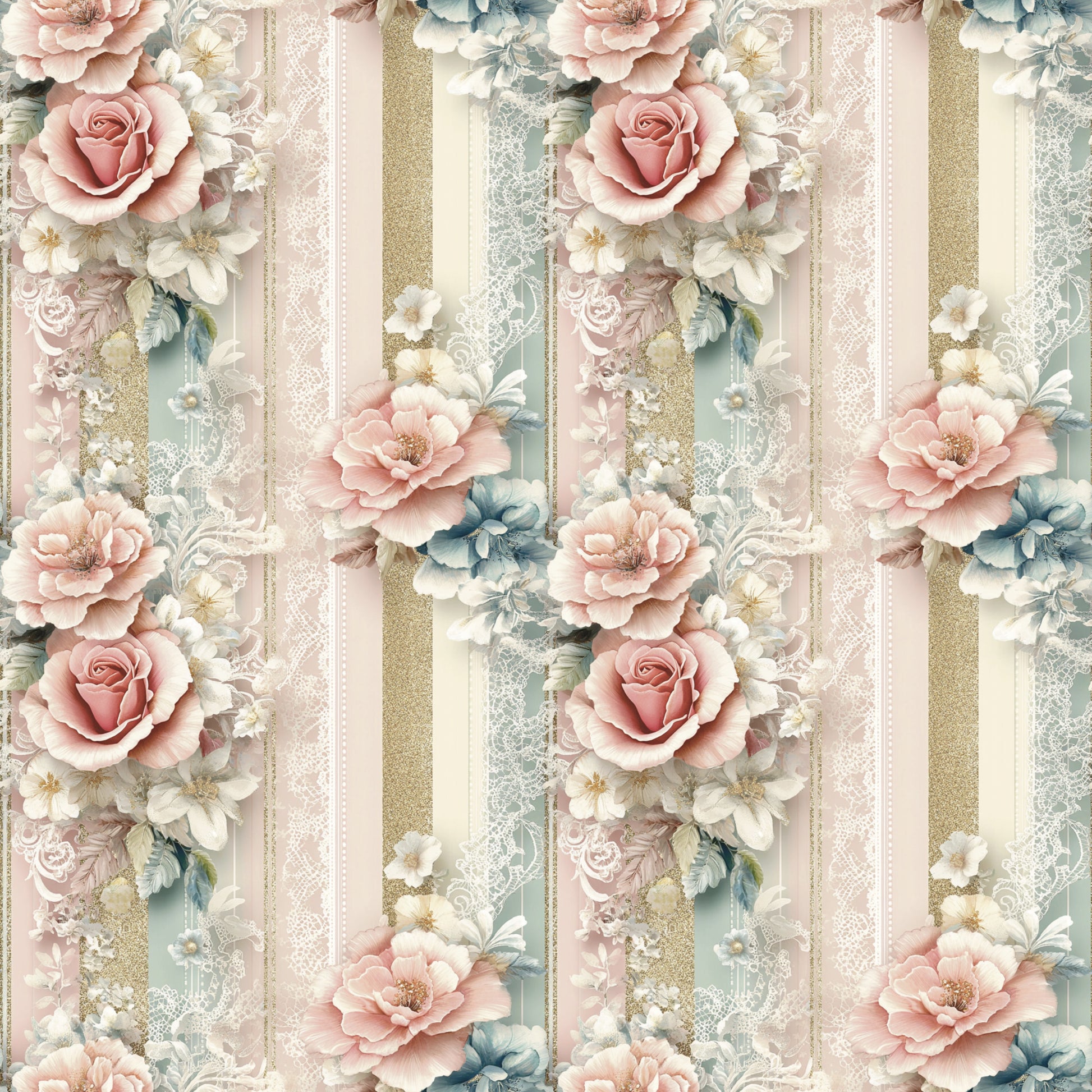dusty rose, sage green, cream, gold accents, vertical stripes, floral pattern, roses, peonies, botanical design, lace details, pearls, romantic style, vintage aesthetic, quilting cotton, fabric panel, soft pastels, delicate flowers, ornate details, feminine design, shabby chic