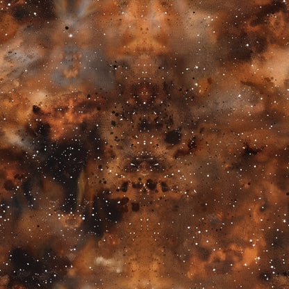 brown, rust, amber, orange, copper, galaxy pattern, celestial, stars, cosmic, nebula, space theme, painted effect, astronomical, quilting cotton, fabric panel, dusty clouds, starfield, deep space, swirling patterns, earthy tones