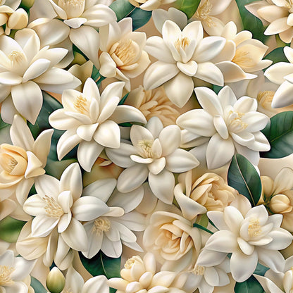cream flowers, white blooms, magnolia blossoms, ivory petals, golden stamens, green leaves, realistic floral, botanical pattern, layered flowers, soft pastels, elegant blooms, quilting cotton, fabric panel, nature inspired, delicate petals, warm tones, seamless design, sophisticated floral, natural beauty