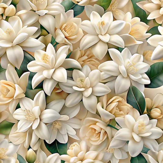 cream flowers, white blooms, magnolia blossoms, ivory petals, golden stamens, green leaves, realistic floral, botanical pattern, layered flowers, soft pastels, elegant blooms, quilting cotton, fabric panel, nature inspired, delicate petals, warm tones, seamless design, sophisticated floral, natural beauty