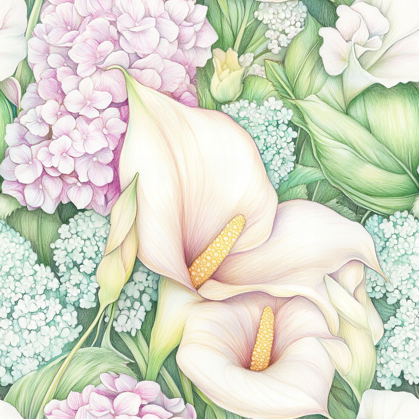 pastel colors, calla lily, floral pattern, hydrangea, botanical illustration, cream white, soft pink, sage green, mint green, yellow stamens, quilting cotton, fabric panel, watercolor style, delicate flowers, spring florals, garden blooms, feminine design, soft pastels, realistic florals, nature motifs