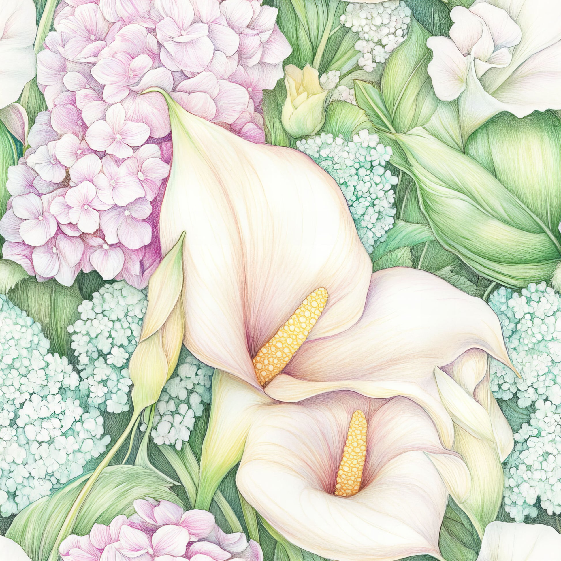 pastel colors, calla lily, floral pattern, hydrangea, botanical illustration, cream white, soft pink, sage green, mint green, yellow stamens, quilting cotton, fabric panel, watercolor style, delicate flowers, spring florals, garden blooms, feminine design, soft pastels, realistic florals, nature motifs