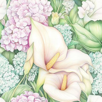 pastel colors, calla lily, floral pattern, hydrangea, botanical illustration, cream white, soft pink, sage green, mint green, yellow stamens, quilting cotton, fabric panel, watercolor style, delicate flowers, spring florals, garden blooms, feminine design, soft pastels, realistic florals, nature motifs
