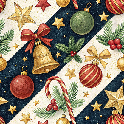 christmas ornaments, holiday pattern, red baubles, gold bells, green ornaments, candy canes, holly berries, evergreen branches, golden stars, red ribbons, navy blue background, cream stripes, festive motifs, seasonal fabric, quilting cotton, fabric panel, watercolor style, diagonal stripes, winter holidays, decorative elements