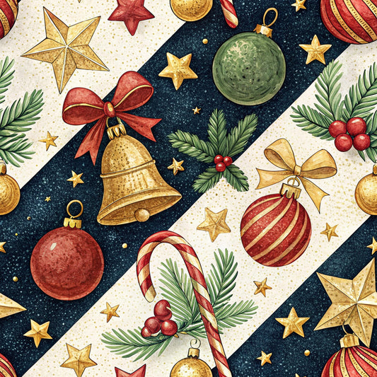 christmas ornaments, holiday pattern, red baubles, gold bells, green ornaments, candy canes, holly berries, evergreen branches, golden stars, red ribbons, navy blue background, cream stripes, festive motifs, seasonal fabric, quilting cotton, fabric panel, watercolor style, diagonal stripes, winter holidays, decorative elements