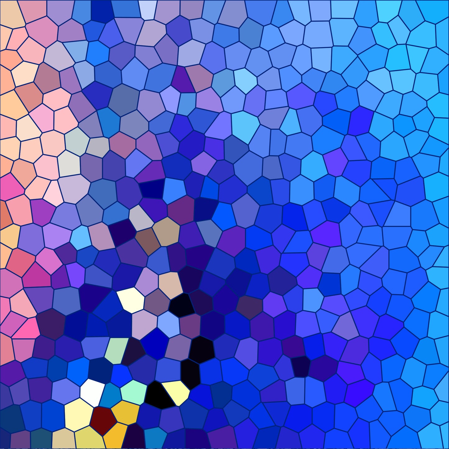 mosaic pattern, stained glass, geometric design, blue tones, purple hues, turquoise, navy blue, coral pink, hexagonal shapes, irregular polygons, abstract art, contemporary style, digital art, color gradient, quilting cotton, fabric panel, modern quilting, patchwork design, vibrant colors, artistic mosaic