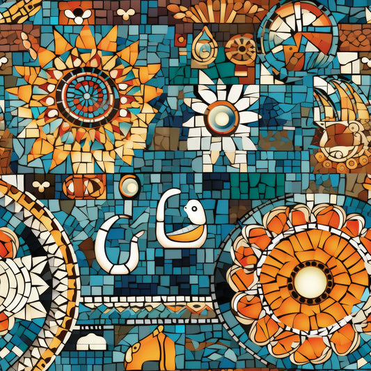 mosaic art, stained glass, geometric patterns, floral motifs, sunburst designs, turquoise blue, burnt orange, cream white, terra cotta, golden yellow, circular medallions, decorative tiles, abstract flowers, radiating petals, quilting cotton, fabric panel, artistic design, contemporary style, vibrant colors, tessellated pattern
