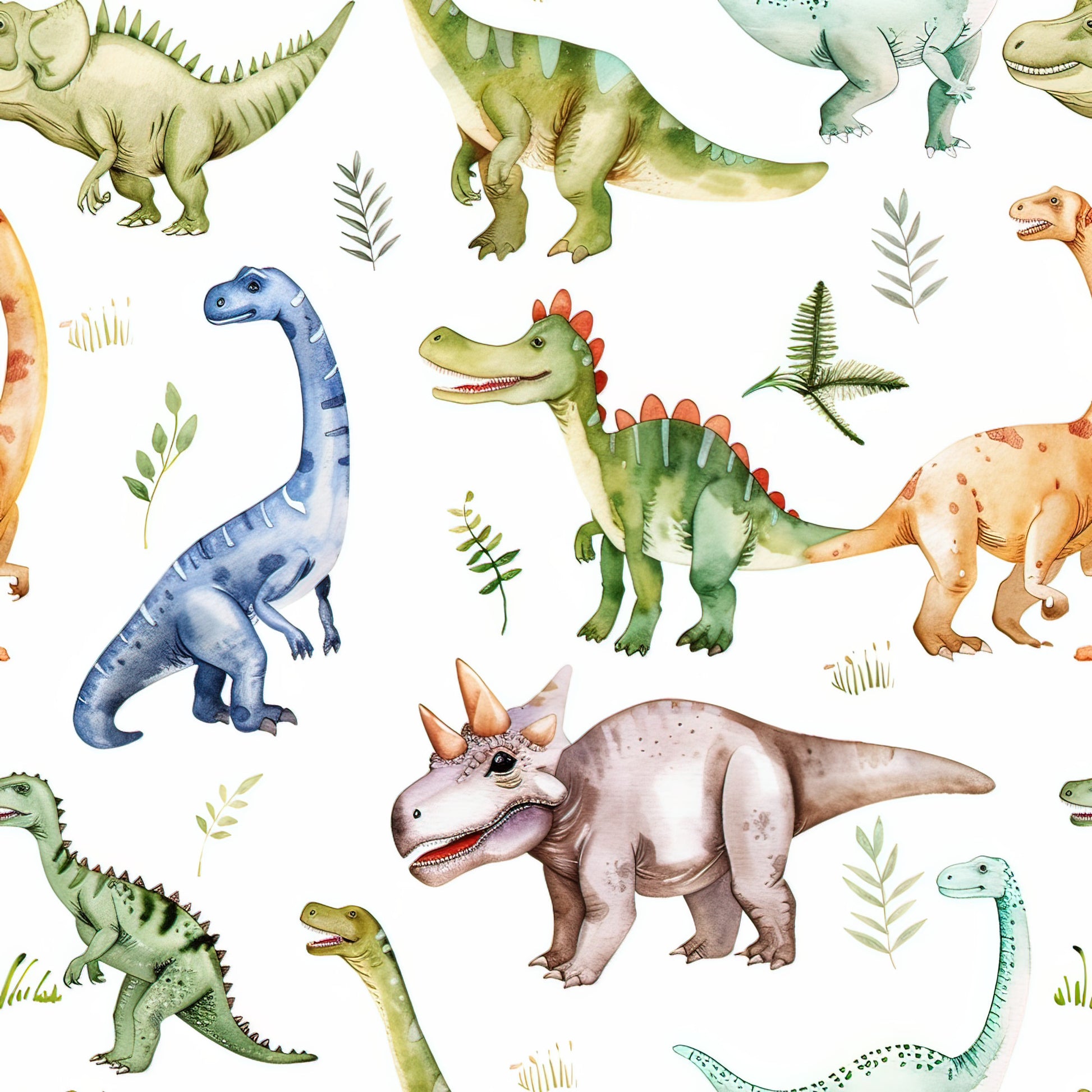 watercolor dinosaurs, quilting cotton, fabric panel, prehistoric creatures, soft pastels, blue dinosaur, green stegosaurus, pink triceratops, orange dinosaur, long neck dinosaur, spikes and horns, botanical elements, fern leaves, whimsical illustration, children's fabric, nursery theme, scattered pattern, gentle colors, sauropod, carnivore dinosaurs