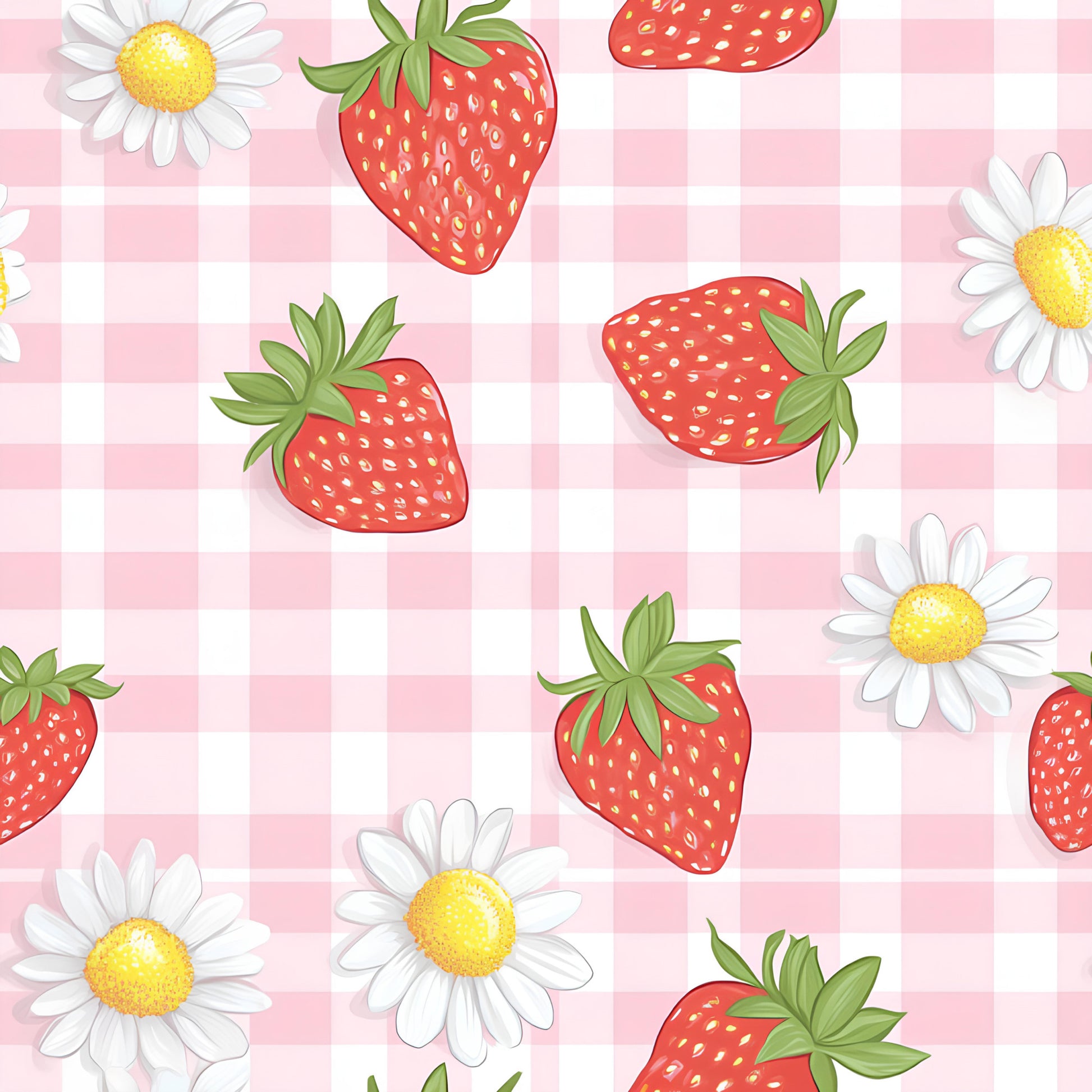 pink gingham, red strawberries, white daisies, yellow centers, green leaves, checkered background, fruit pattern, floral motif, sweet berries, cottage core, spring theme, quilting cotton, fabric panel, cheerful design, pastel pink, botanical elements, summer vibes, feminine aesthetic, repeating pattern