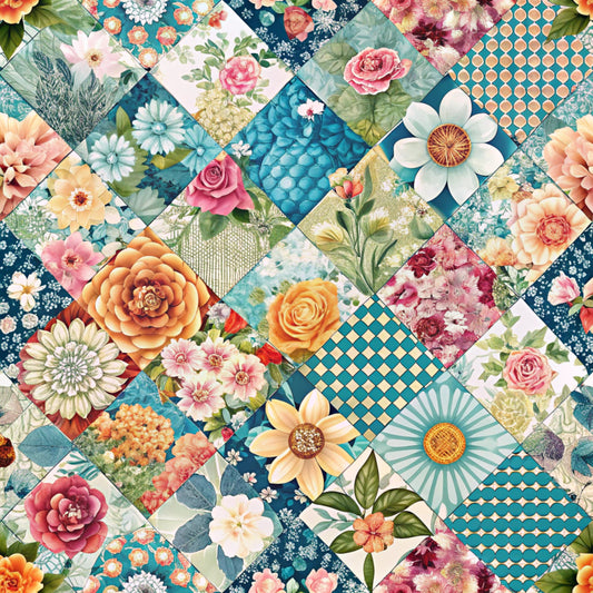 spring patchwork, quilting cotton, fabric panel, floral motifs, botanical prints, geometric patterns, diamond layout, teal blue, coral pink, sage green, cream white, orange blooms, rose flowers, daisy petals, vintage florals, cottage core, pastel palette, nature inspired, garden theme, quilt blocks