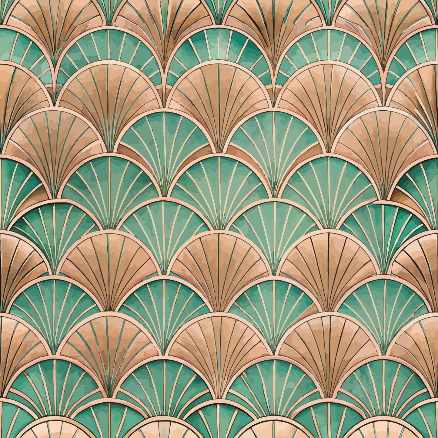 sage green, coral pink, peach, art deco, fan pattern, scallop design, geometric motifs, radiating lines, repeating pattern, vintage style, 1920s inspired, quilting cotton, fabric panel, luxurious feel, sophisticated design, overlapping scales, shell motifs, elegant pattern, decorative arcs
