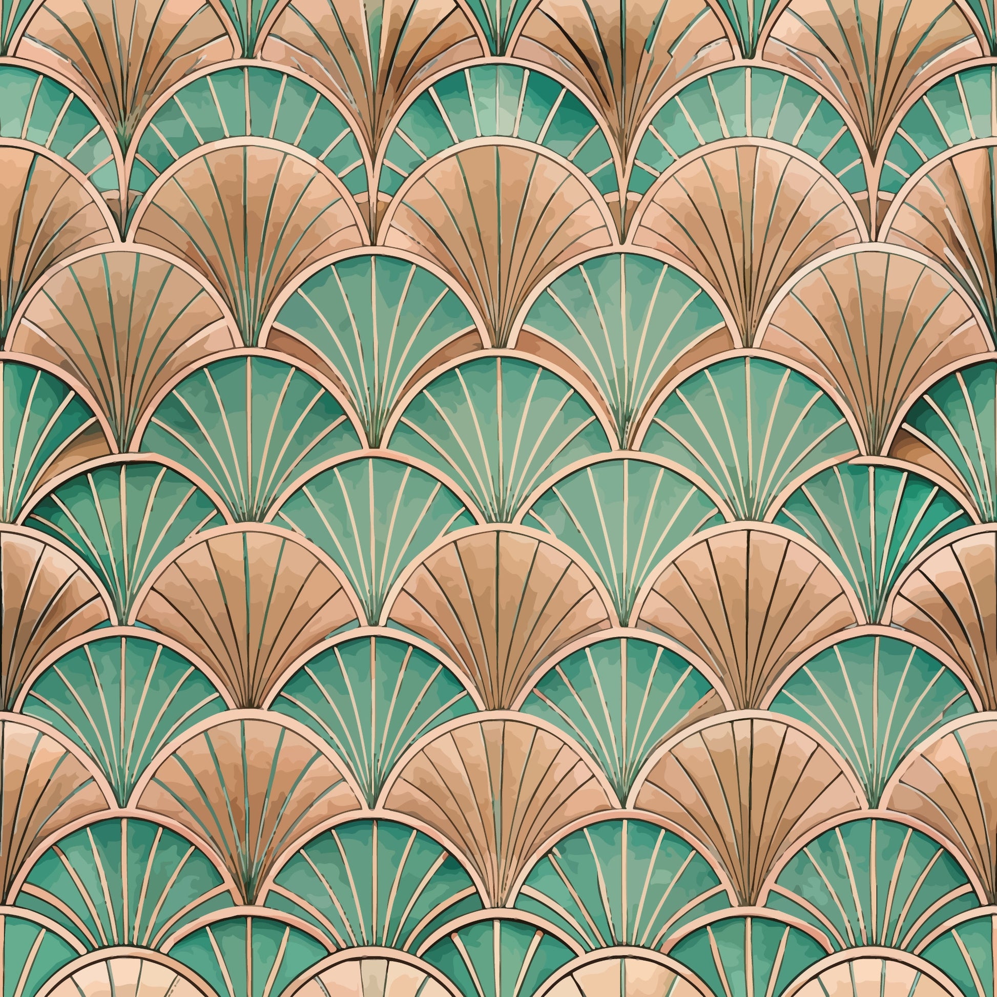 sage green, coral pink, peach, art deco, fan pattern, scallop design, geometric motifs, radiating lines, repeating pattern, vintage style, 1920s inspired, quilting cotton, fabric panel, luxurious feel, sophisticated design, overlapping scales, shell motifs, elegant pattern, decorative arcs