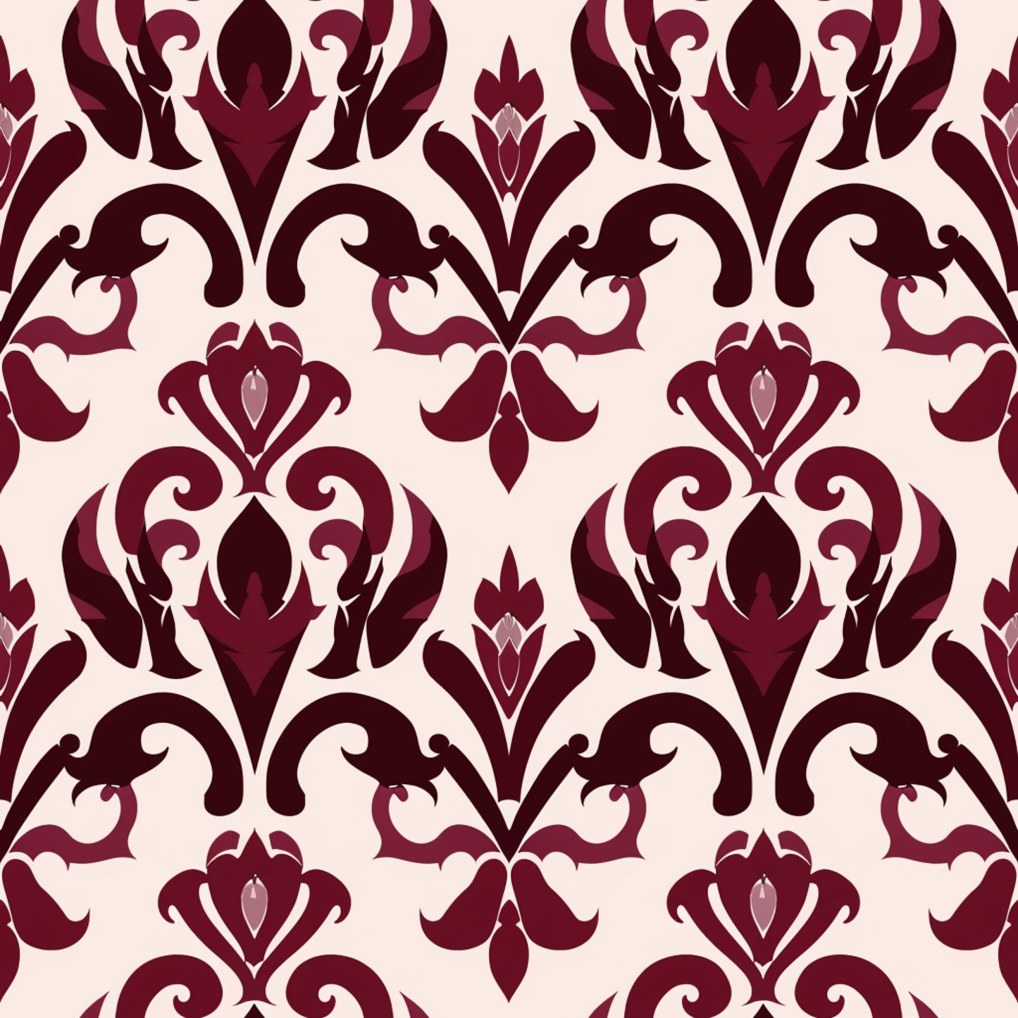 burgundy, deep red, cream, beige, damask pattern, ornate scrollwork, baroque motifs, floral flourishes, elegant swirls, decorative medallions, vintage style, sophisticated design, quilting cotton, fabric panel, ornamental, intricate details, layered pattern, romantic aesthetic, luxurious appearance