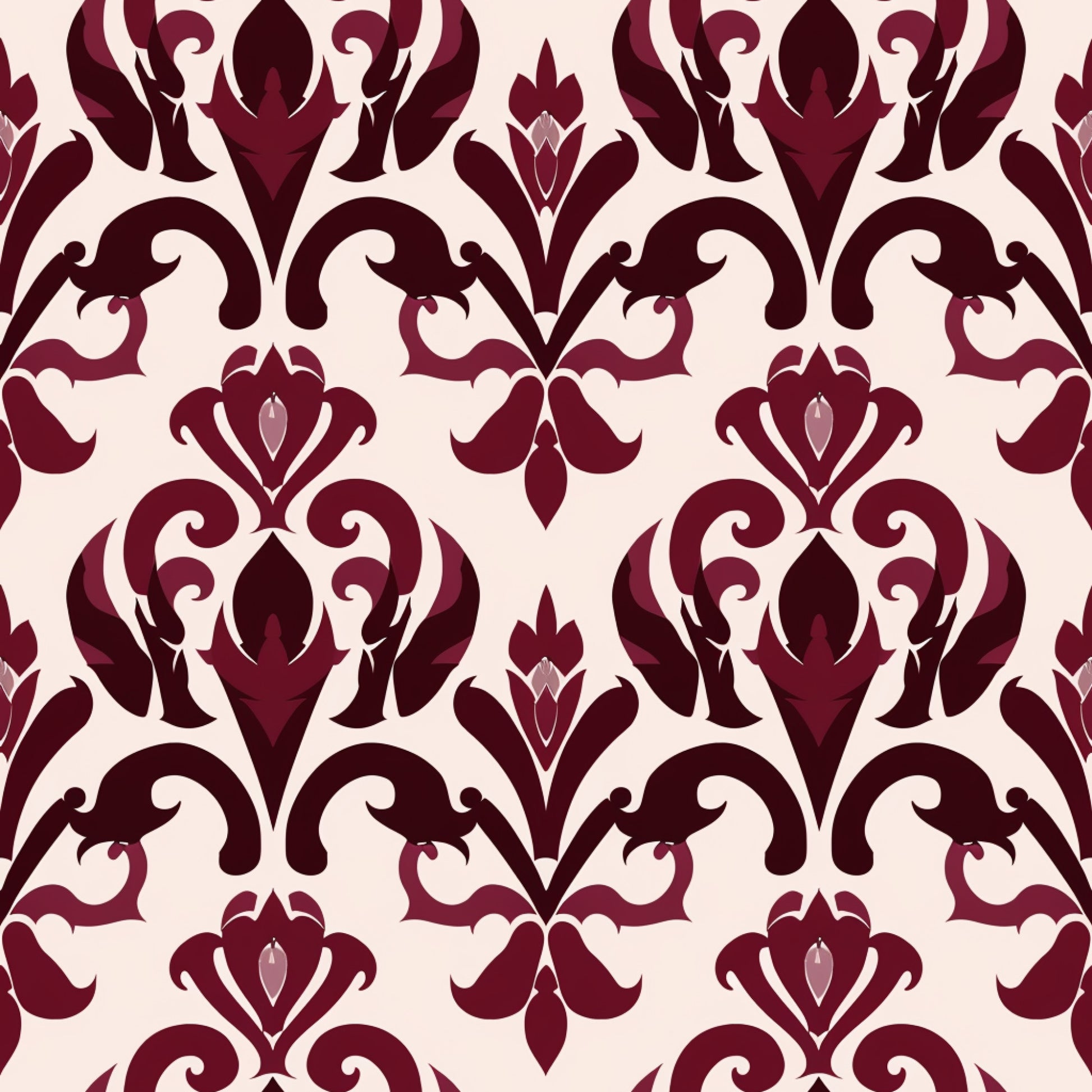 burgundy, deep red, cream, beige, damask pattern, ornate scrollwork, baroque motifs, floral flourishes, elegant swirls, decorative medallions, vintage style, sophisticated design, quilting cotton, fabric panel, ornamental, intricate details, layered pattern, romantic aesthetic, luxurious appearance