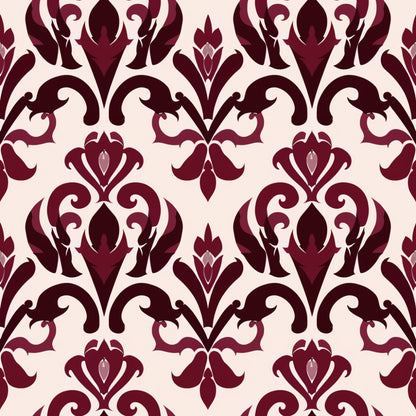 burgundy, deep red, cream, beige, damask pattern, ornate scrollwork, baroque motifs, floral flourishes, elegant swirls, decorative medallions, vintage style, sophisticated design, quilting cotton, fabric panel, ornamental, intricate details, layered pattern, romantic aesthetic, luxurious appearance