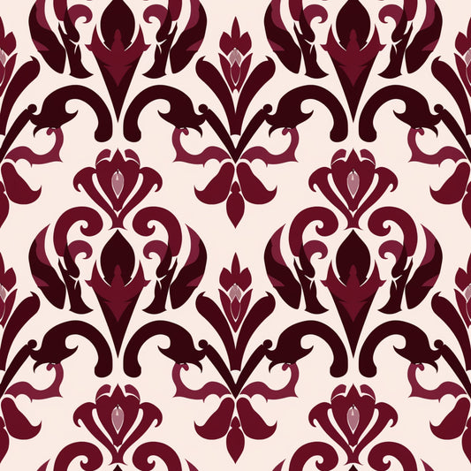 burgundy, deep red, cream, beige, damask pattern, ornate scrollwork, baroque motifs, floral flourishes, elegant swirls, decorative medallions, vintage style, sophisticated design, quilting cotton, fabric panel, ornamental, intricate details, layered pattern, romantic aesthetic, luxurious appearance