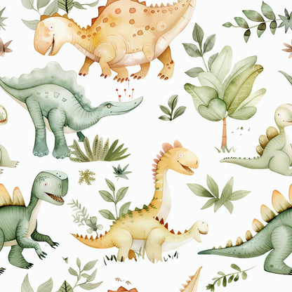 watercolor dinosaurs, green dinosaurs, orange dinosaurs, yellow dinosaurs, tropical leaves, palm fronds, botanical elements, prehistoric creatures, stegosaurus, brontosaurus, t-rex, quilting cotton, fabric panel, children's fabric, nursery fabric, soft pastels, whimsical illustration, seamless pattern, dinosaur theme, jungle plants