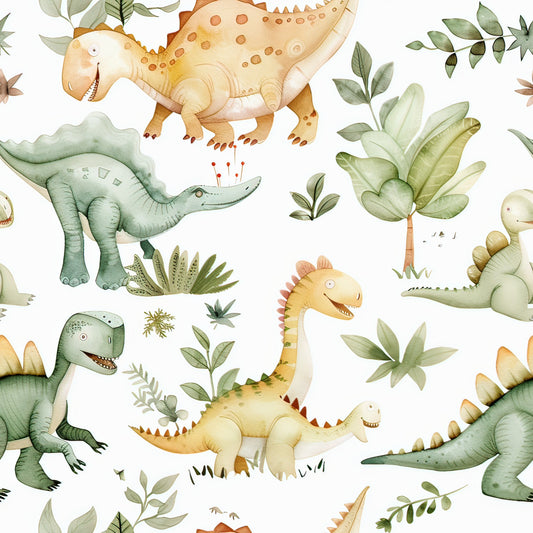 watercolor dinosaurs, green dinosaurs, orange dinosaurs, yellow dinosaurs, tropical leaves, palm fronds, botanical elements, prehistoric creatures, stegosaurus, brontosaurus, t-rex, quilting cotton, fabric panel, children's fabric, nursery fabric, soft pastels, whimsical illustration, seamless pattern, dinosaur theme, jungle plants