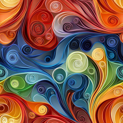 abstract art, paper quilling, swirls, spirals, orange, red, blue, green, yellow, purple, flowing curves, colorful, vibrant, artistic pattern, quilting cotton, fabric panel, contemporary design, dimensional look, rainbow colors, decorative swirls, modern art style