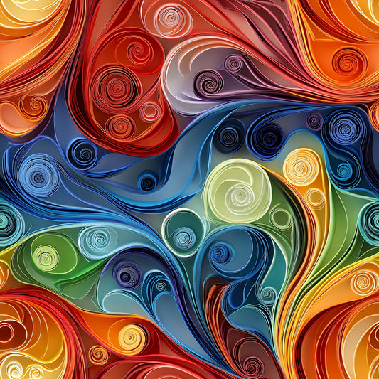 abstract art, paper quilling, swirls, spirals, orange, red, blue, green, yellow, purple, flowing curves, colorful, vibrant, artistic pattern, quilting cotton, fabric panel, contemporary design, dimensional look, rainbow colors, decorative swirls, modern art style