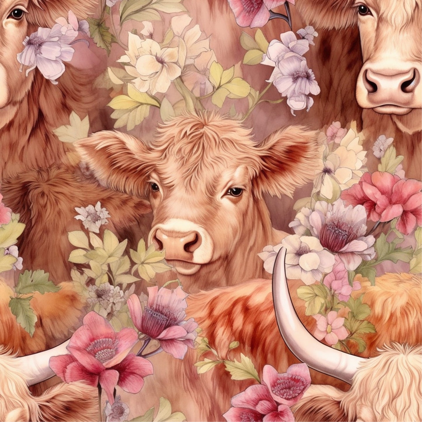 highland cows, floral pattern, brown fur, pink flowers, cream colored, pastoral scene, farm animals, botanical design, quilting cotton, fabric panel, soft pastels, watercolor style, country theme, gentle expression, flowing hair, nature motif, rustic charm, coral blooms, warm tones, peaceful mood