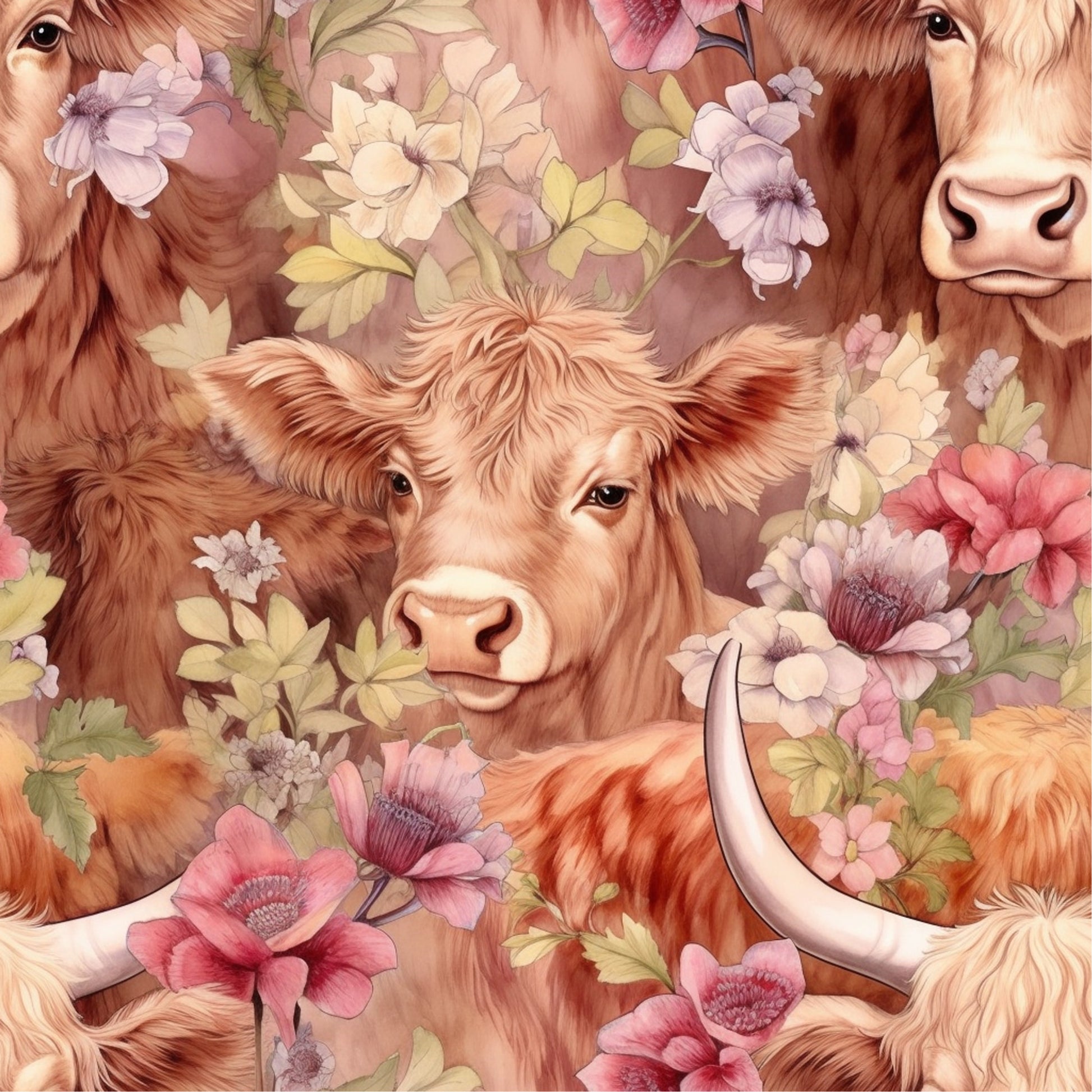 highland cows, floral pattern, brown fur, pink flowers, cream colored, pastoral scene, farm animals, botanical design, quilting cotton, fabric panel, soft pastels, watercolor style, country theme, gentle expression, flowing hair, nature motif, rustic charm, coral blooms, warm tones, peaceful mood