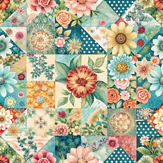 teal, coral, peach, yellow, cream, floral motifs, roses, daisies, sunflowers, botanical leaves, patchwork blocks, geometric squares, polka dots, vintage style, spring theme, quilting cotton, fabric panel, cottage garden, mixed florals, pastel tones