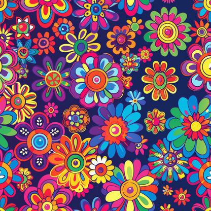 rainbow flowers, psychedelic blooms, hippie style, retro floral, bright pink, electric blue, lime green, orange petals, yellow centers, purple background, groovy pattern, 1960s inspired, flower power, kaleidoscope colors, whimsical florals, quilting cotton, fabric panel, bohemian design, vibrant blooms, daisy motifs