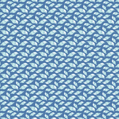 navy blue, light blue, white, seashells, conch shells, spiral shells, ocean pattern, nautical design, marine life, beach theme, quilting cotton, fabric panel, repeating pattern, coastal motif, sea creatures, ocean blue, shell collection, maritime style, summer fabric, aquatic design